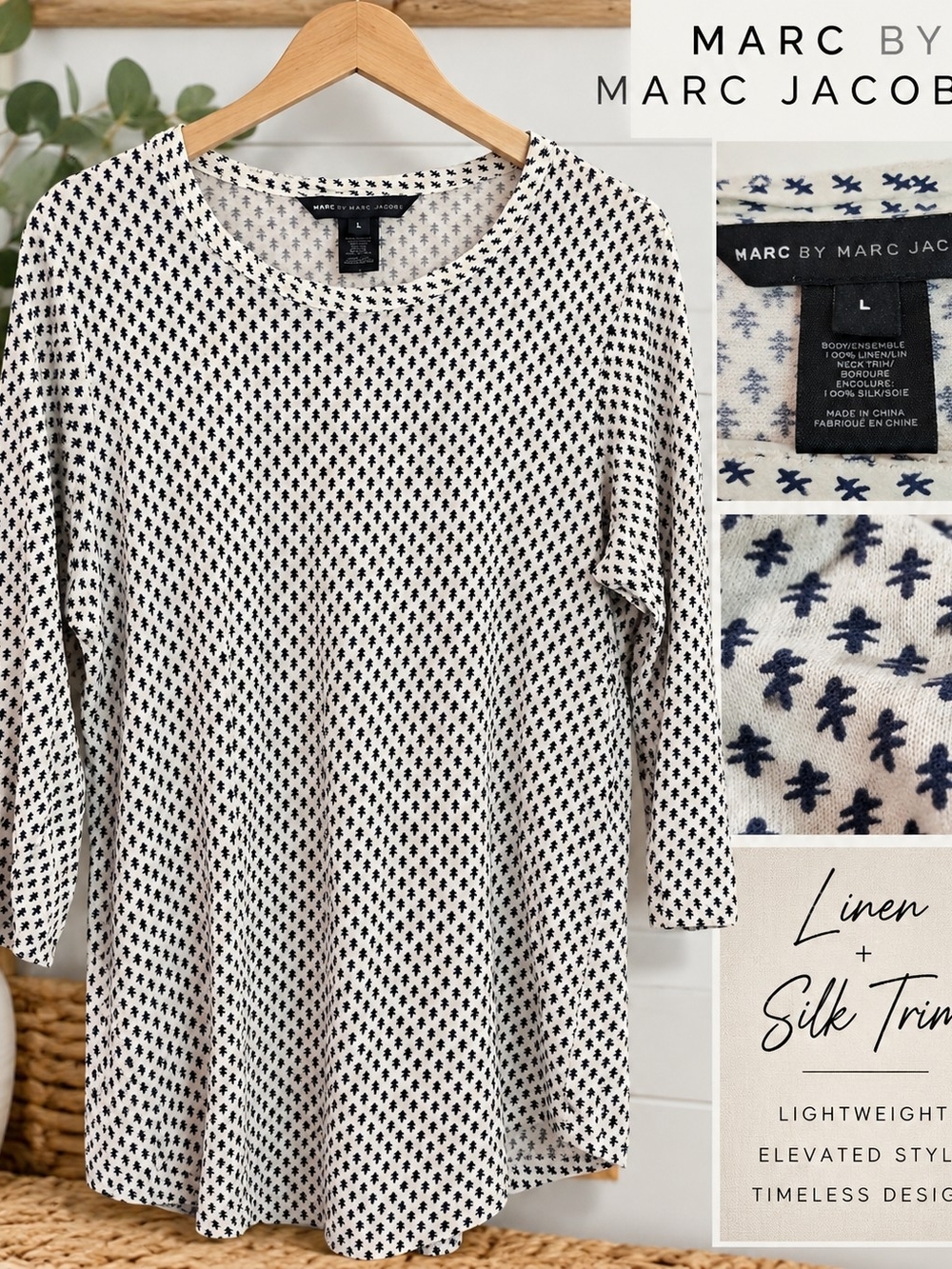 Marc by Marc Jacobs Linen Silk Trim Printed Top L